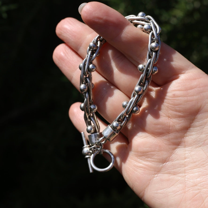 Chunky Silver Bracelet with Overlapping Loops and Dot Ball Detail, 45.3g