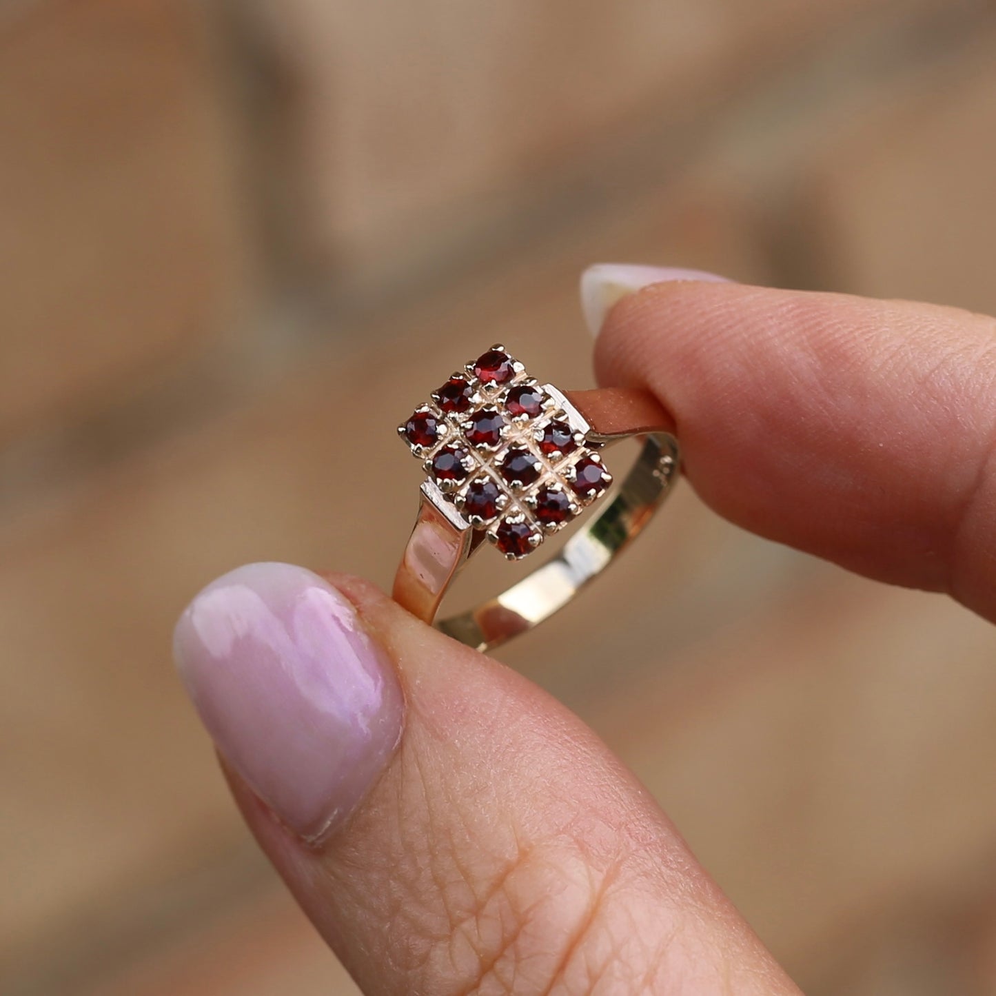 Old Cut 12 Stone Garnet Checkerboard Ring, size P or 7.75