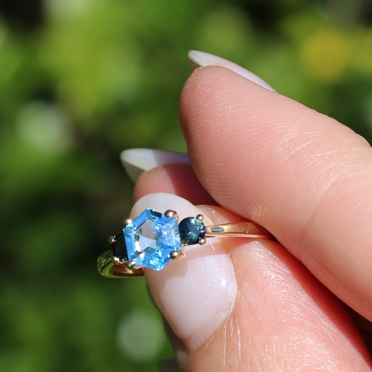 Hexagonal Blue Topaz and Parti Sapphire Trilogy, 9ct Yellow Gold, size O or 7.25