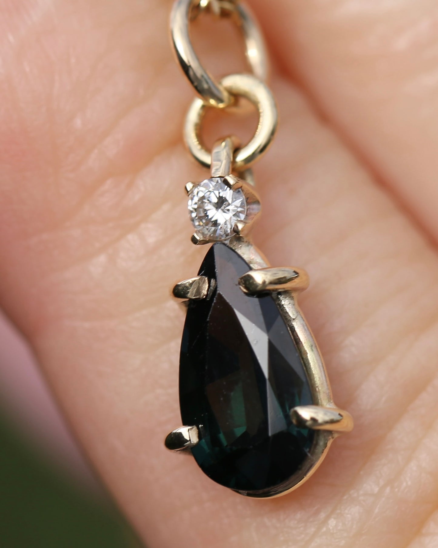 Pear Shaped Natural Teal Pear Sapphire and Diamond Pendant, 9ct Yellow Gold, 1.08g