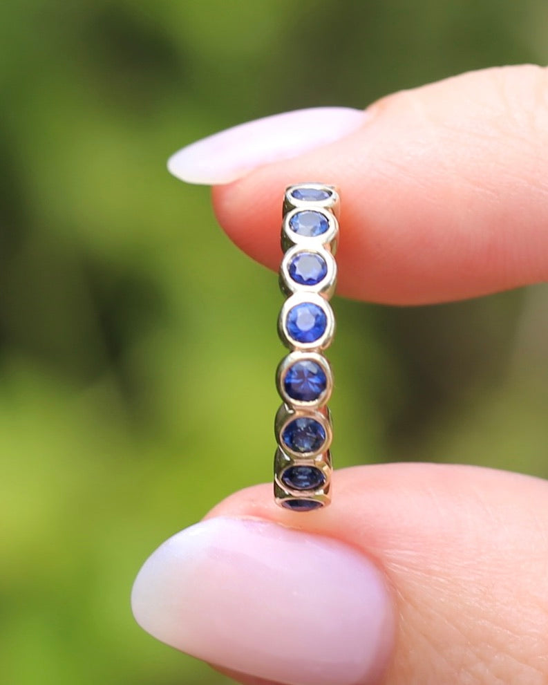 Second Glance - 9 Stone Bezel Set Blue Sapphire Bubble Half Eternity Ring, 9ct Yellow Gold, size N or just over 6.5, 2.80g