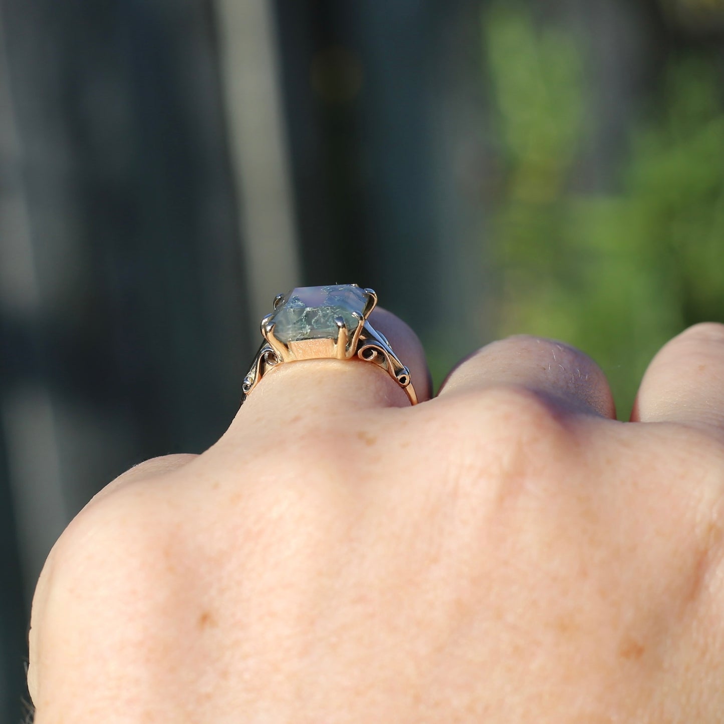 4.95ct Emerald Cut Moss Agate Ring with Fabulous Double Claws, 9ct Older Rosey Gold, size N1/2 or 6.75