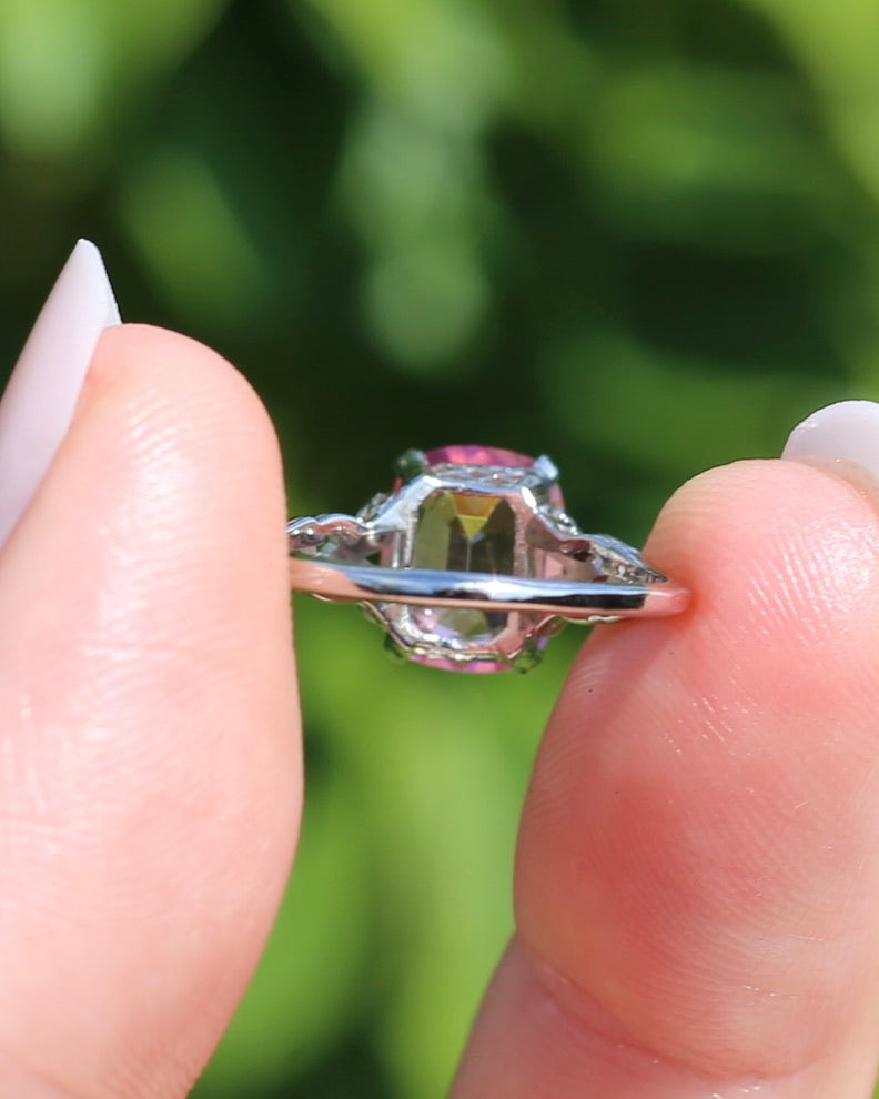 Pale Pink Tourmaline and Old Cut Diamond Shoulder Ring, 18ct White Gold and Platinum, size N or 6.75, 2.63g
