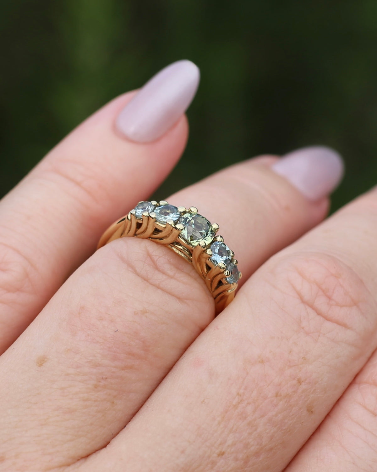 1.35ct Blue Green Natural Five Stone Sapphire Ring, 9ct Yellow Gold, size 6.5 or just over M1/2, 2.91g