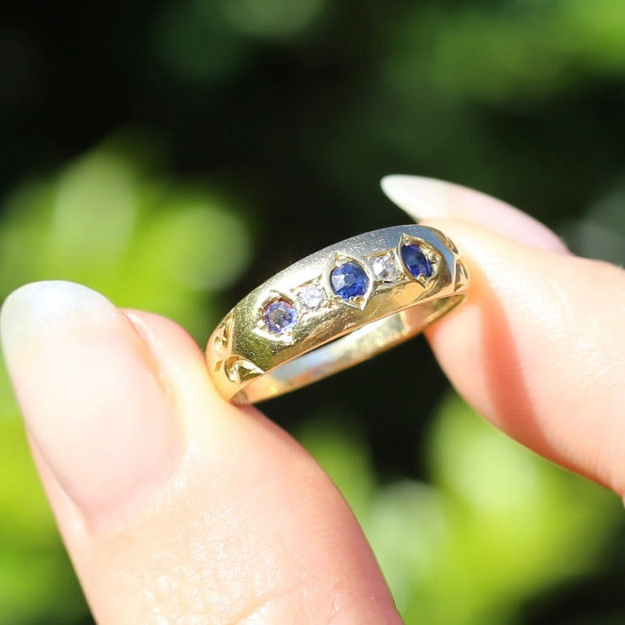 1897 Old Cut Sapphire and Diamond Five Stone Ring, 18ct Yellow Gold, size O or 7.25