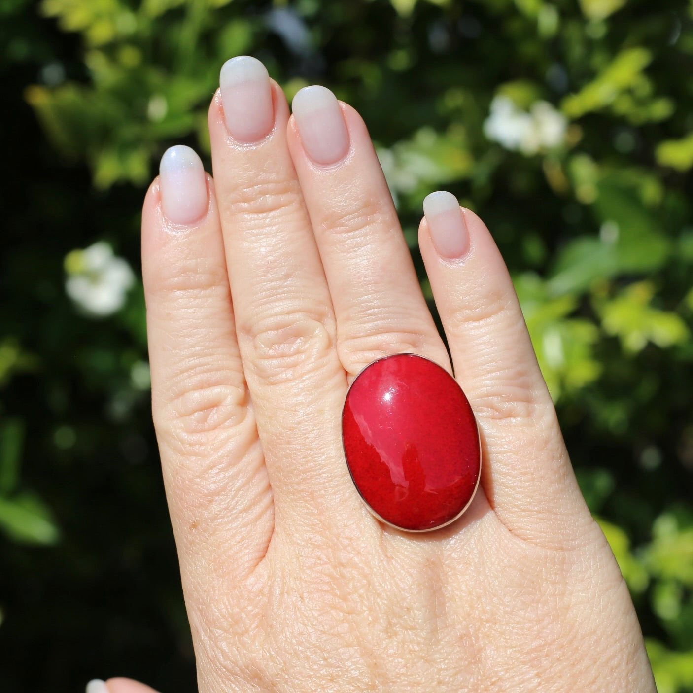 Large Red Oval Cabochon Resin ring, sterling silver, size O or 7.25