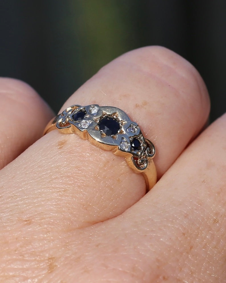 Star Set Dark Sapphire and Diamond Ring, 9ct Yellow Gold, size O1/2 or 7.5, 1.99g