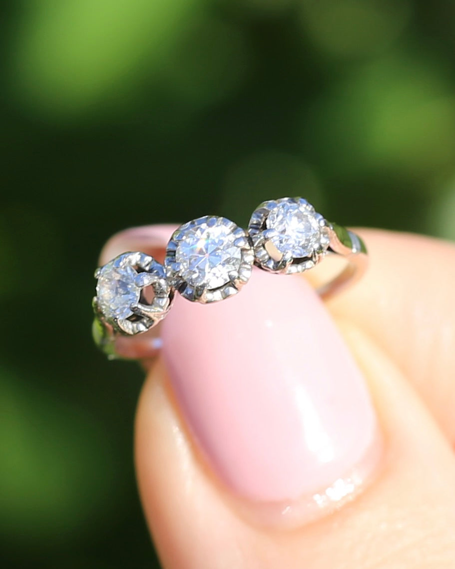 Circa 1930s Transitional Cut Diamond Trilogy with Kozibe Effect, Platinum, size L or 5.75, 2.68g, with valuation