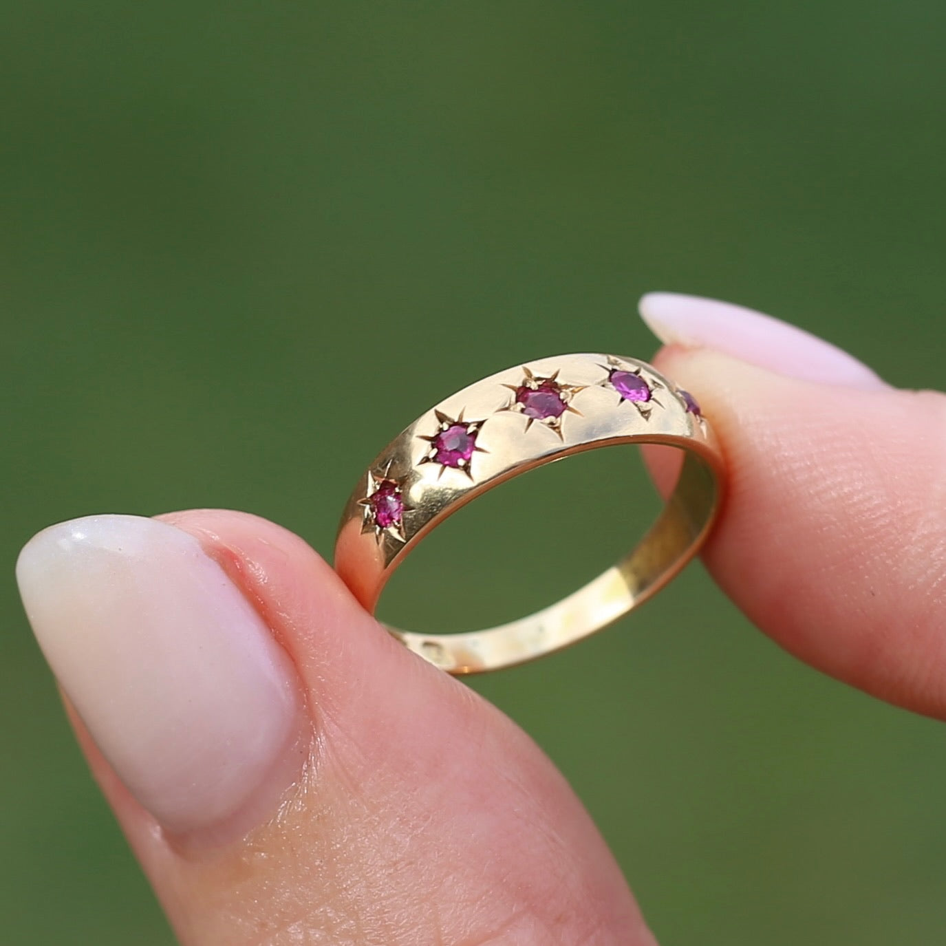 Antique 1891 Five Stone Star Set Old Cut Ruby Ring, 15ct Rosey Gold, size N- N1/2 or 6.75