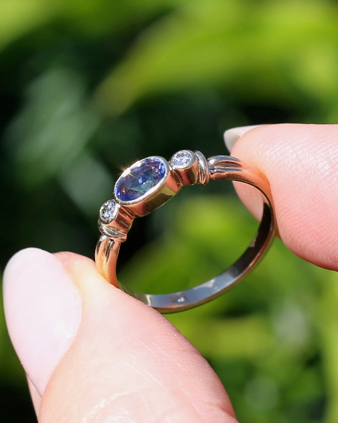 Vintage Bezel Set Cornflower Blue Sapphire and Diamond Ring, 9ct Yellow Gold, size O or 7.25