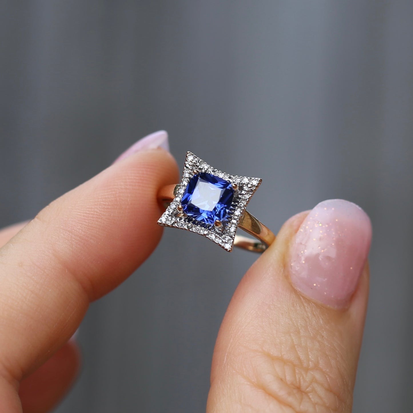 2ct Cushion Cut Synthetic Sapphire with Diamond Halo, 9ct yellow gold, size L or 5.75