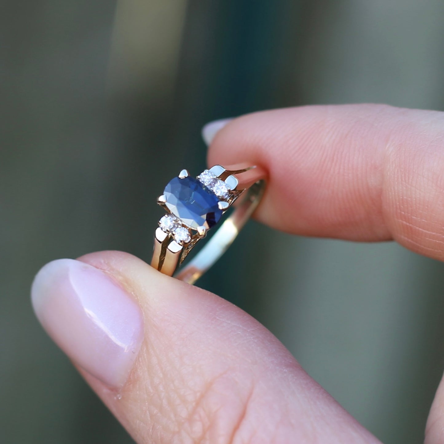 Oval Natural Blue Sapphire with Diamonds, Art Deco Feel Ring, 14ct Yellow Gold, size N or 6.75