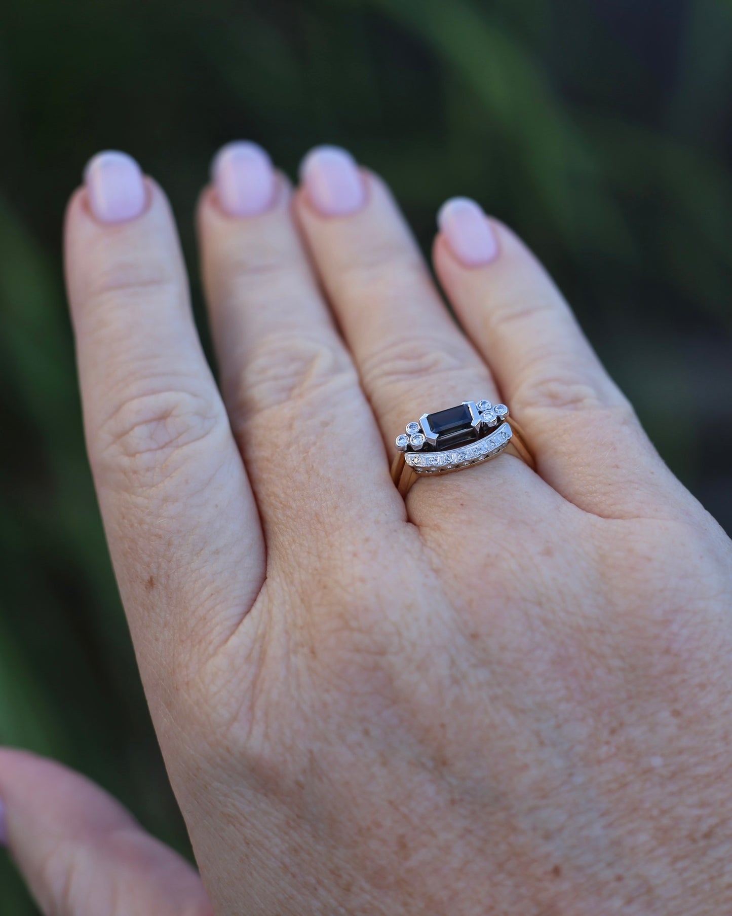 Vintique 7 Stone Single Cut Diamond & Milgrain Curved Stacker Ring, 14ct Yellow and White Gold, size P or just over 7.5, 1.49g