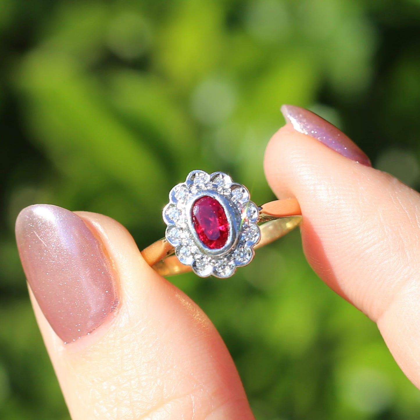 Ruby and Diamond Halo, 18ct Yellow and White Gold, size P or 7.75 with valuation