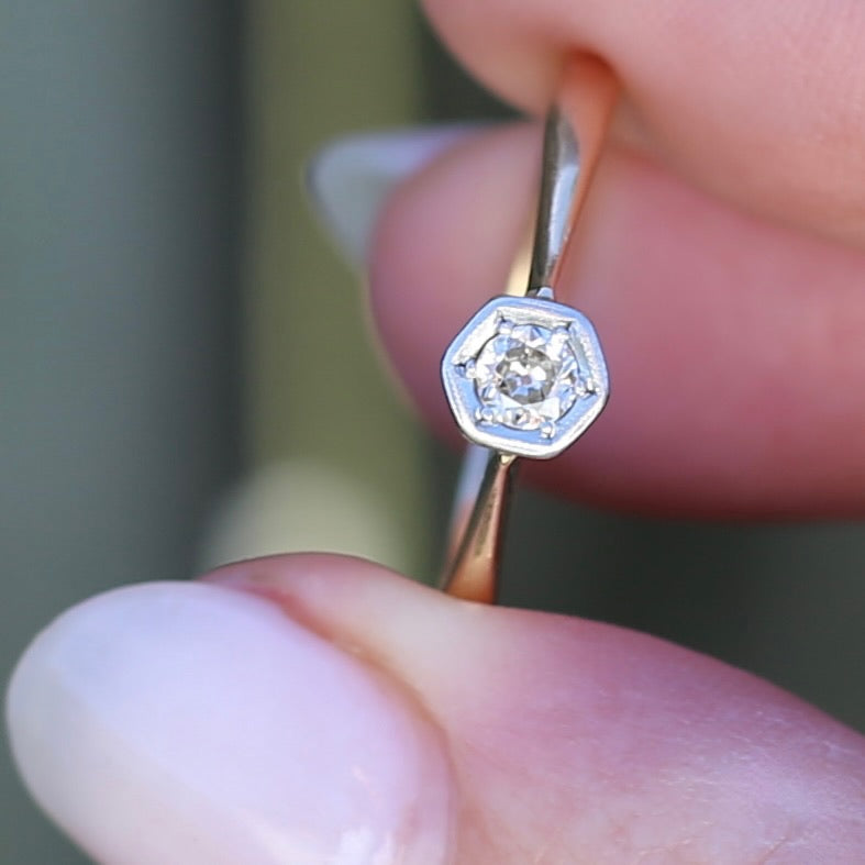 Early Australian Old Cut Diamond Solitaire by H. G. Rogers, 18ct White and Yellow Gold, size 9.5 or just over S1/2