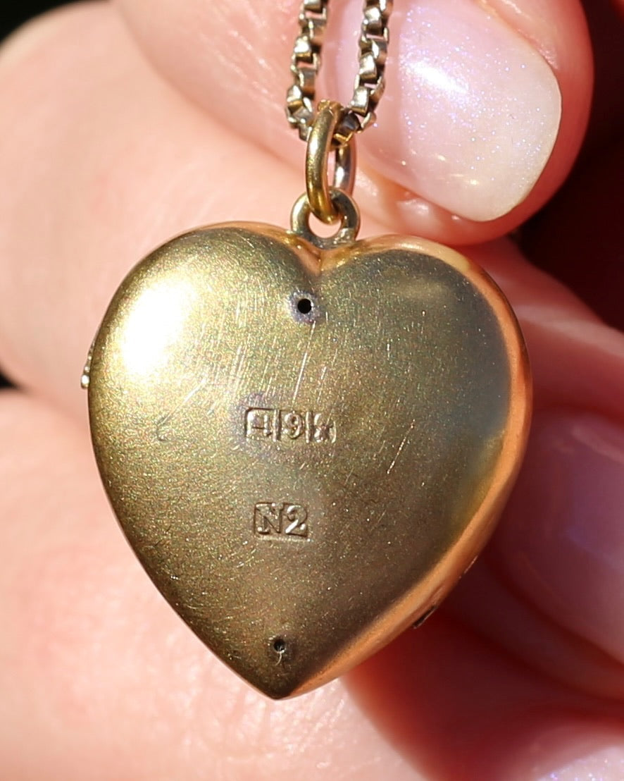 Early Australian Aronson & Co Puffy Heart set Pendant with Pearl and Green Gems, 9ct Yellow Gold, 2.59g