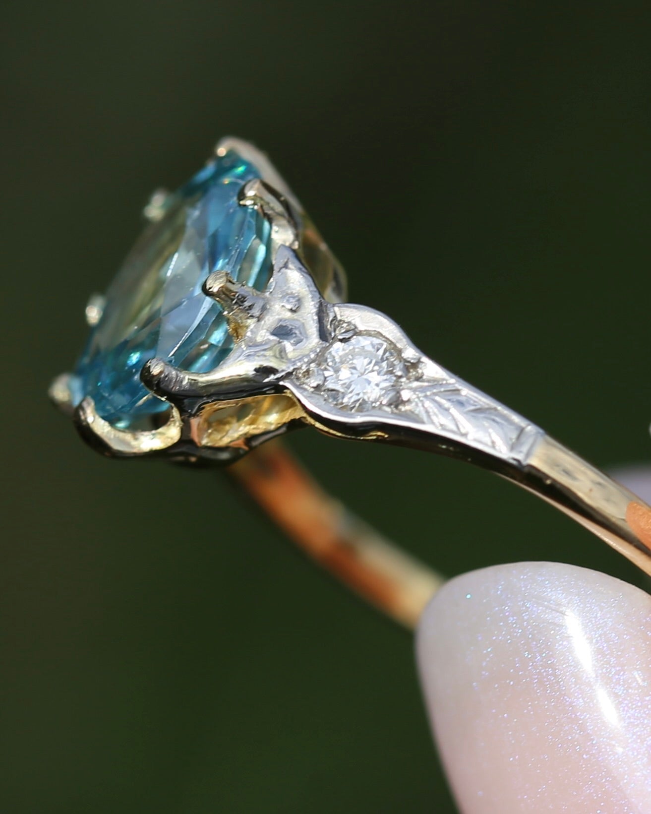 Circa 1930s Art Deco Blue Zircon and Diamond Ring, 18ct size just over M1/2 or 6.5, 2.80g