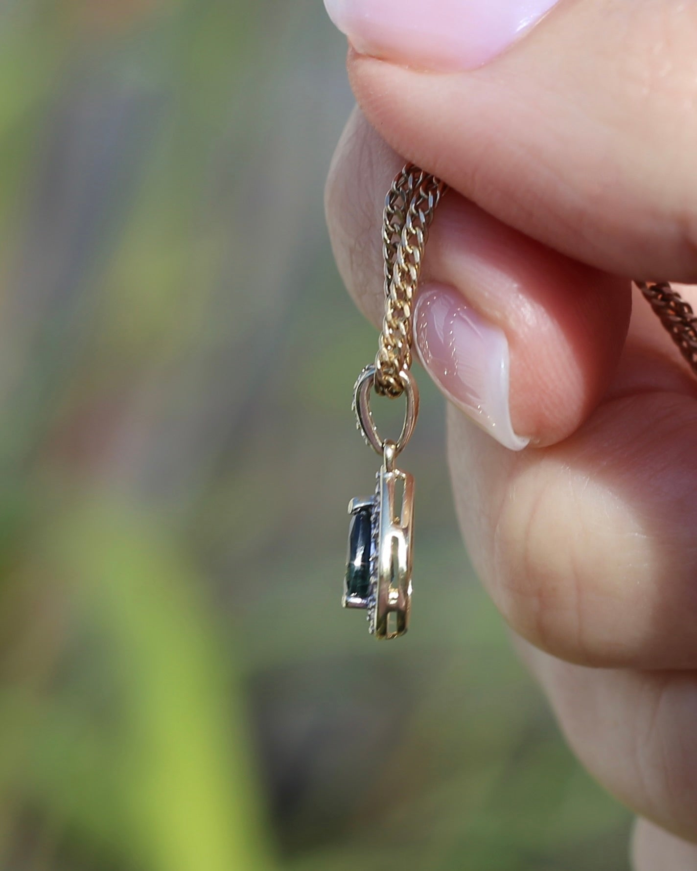 0.75ct Natural Green Parti and Natural Diamond Halo Pendant, 9ct Yellow Gold, 0.86g