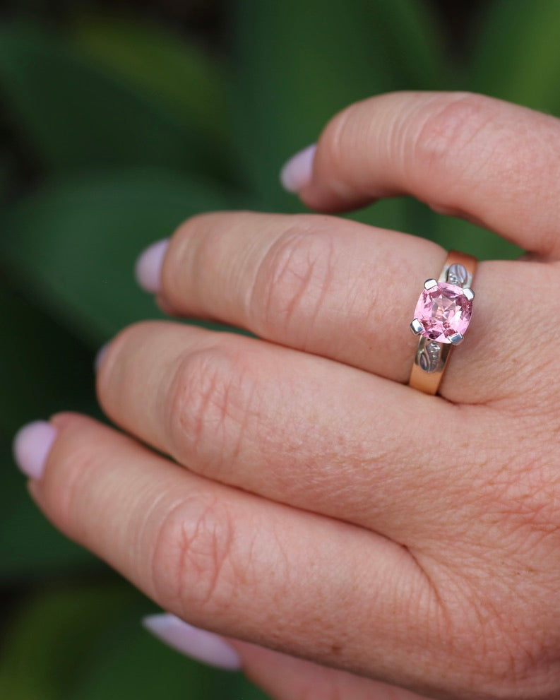 1.62ct Natural Pink Tourmaline in 1970s Mixed Metal Setting with Diamond Side Stones, size P or 7.5, 4.34g