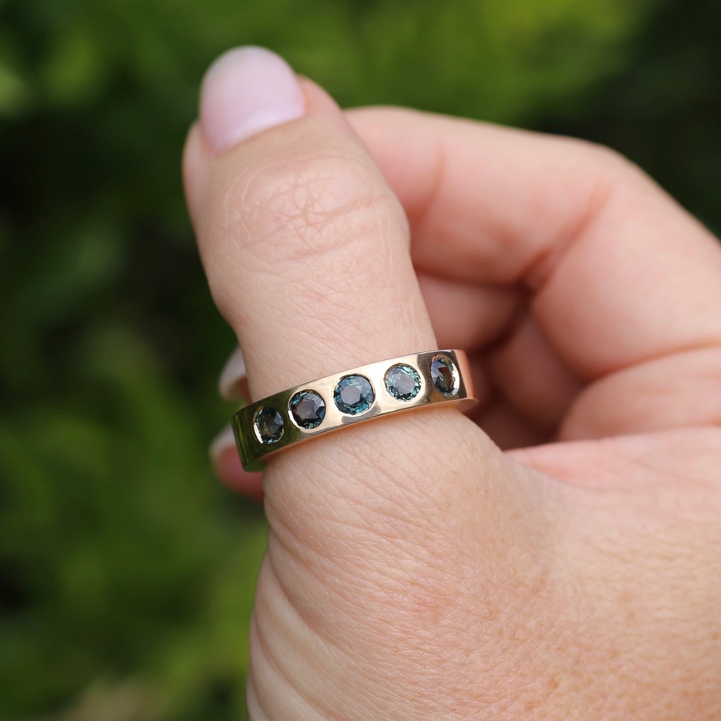 Custom Reclaimed Gold Chunky 9ct Rings with 4mm Parti Sapphires