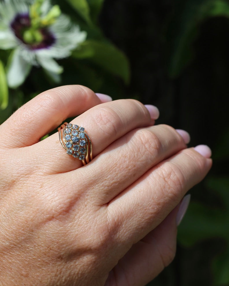 Pale Blue Parti Sapphire Bypass Cluster Ring, 9ct Yellow Gold, size P1/2 or 7.75, 2.75g