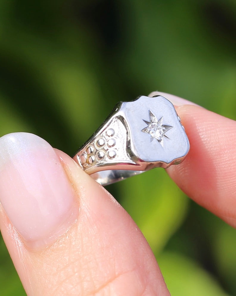 Vintage Shield Signet With Old Cut Diamond, 18ct White Gold, size N or just over 6.5 (fits more like an L1/2-M due to width), 6.86g