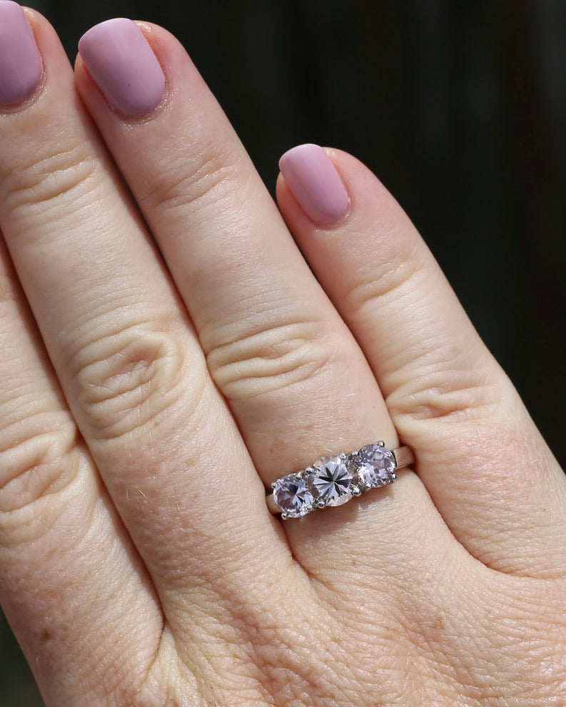 3.7ct Pale Pink Australian Zircon Trilogy Ring, 10ct and 18ct White Gold, size O or just over 7, 3.72g
