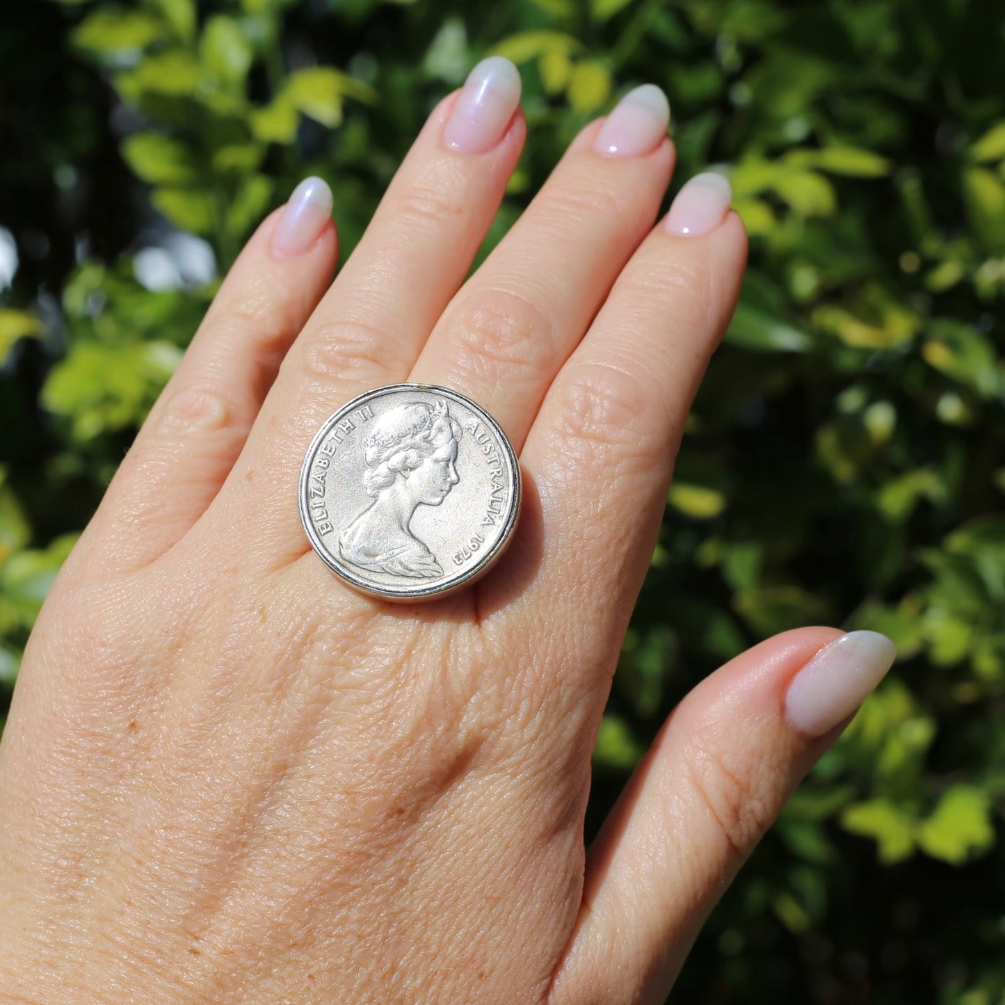 Queen Elizabeth 1973 Australia Coin in Bezel Set Silver Ring, size R or just over 8.5