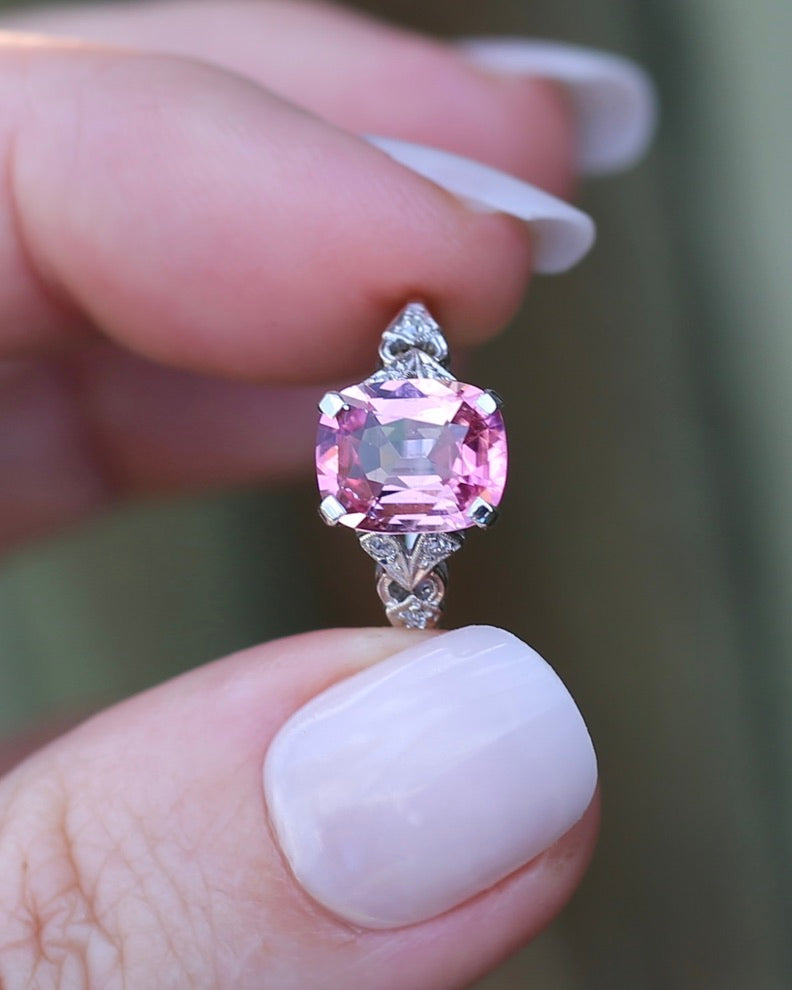 Pale Pink Tourmaline and Old Cut Diamond Shoulder Ring, 18ct White Gold and Platinum, size N or 6.75, 2.63g