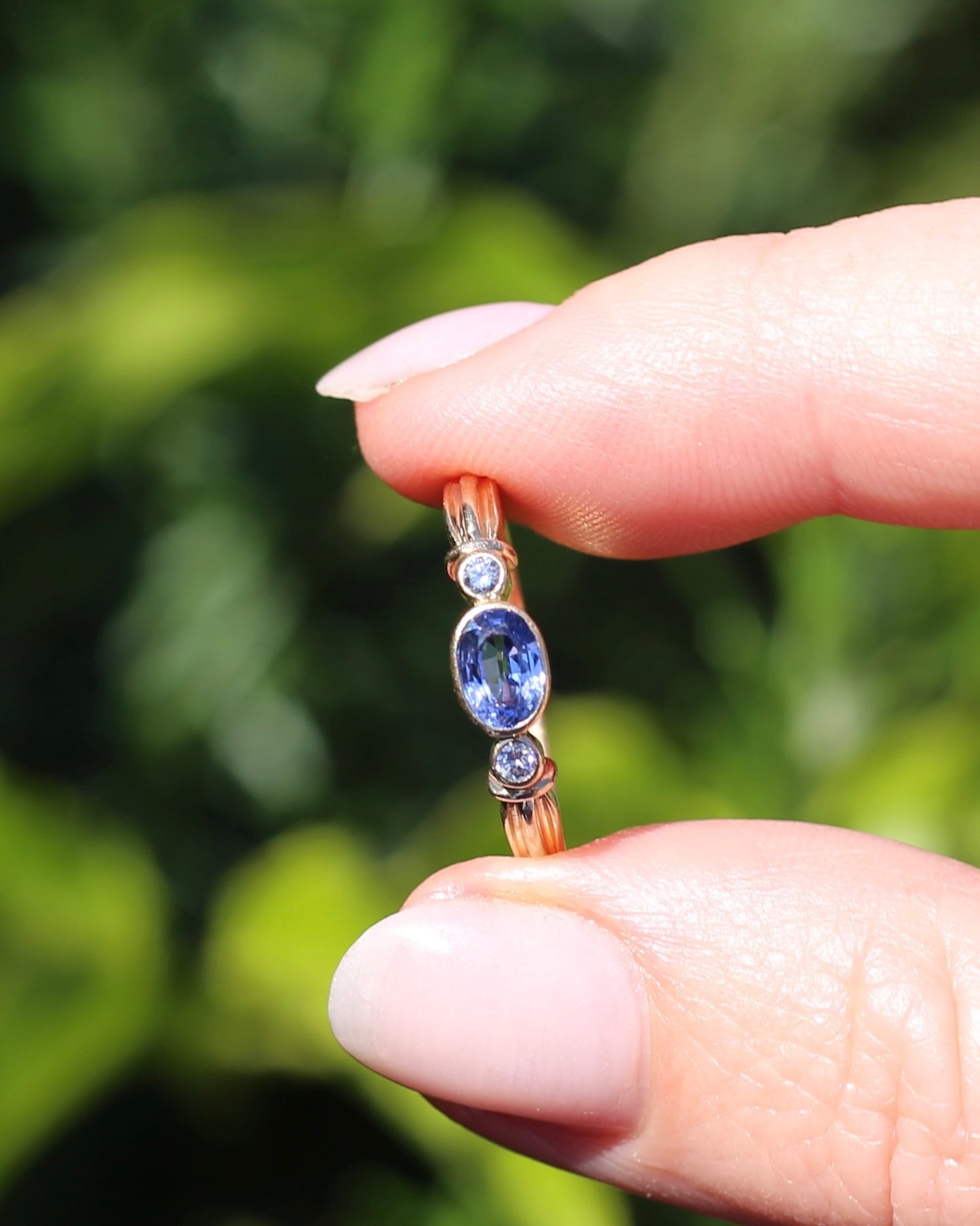 Vintage Bezel Set Cornflower Blue Sapphire and Diamond Ring, 9ct Yellow Gold, size O or 7.25