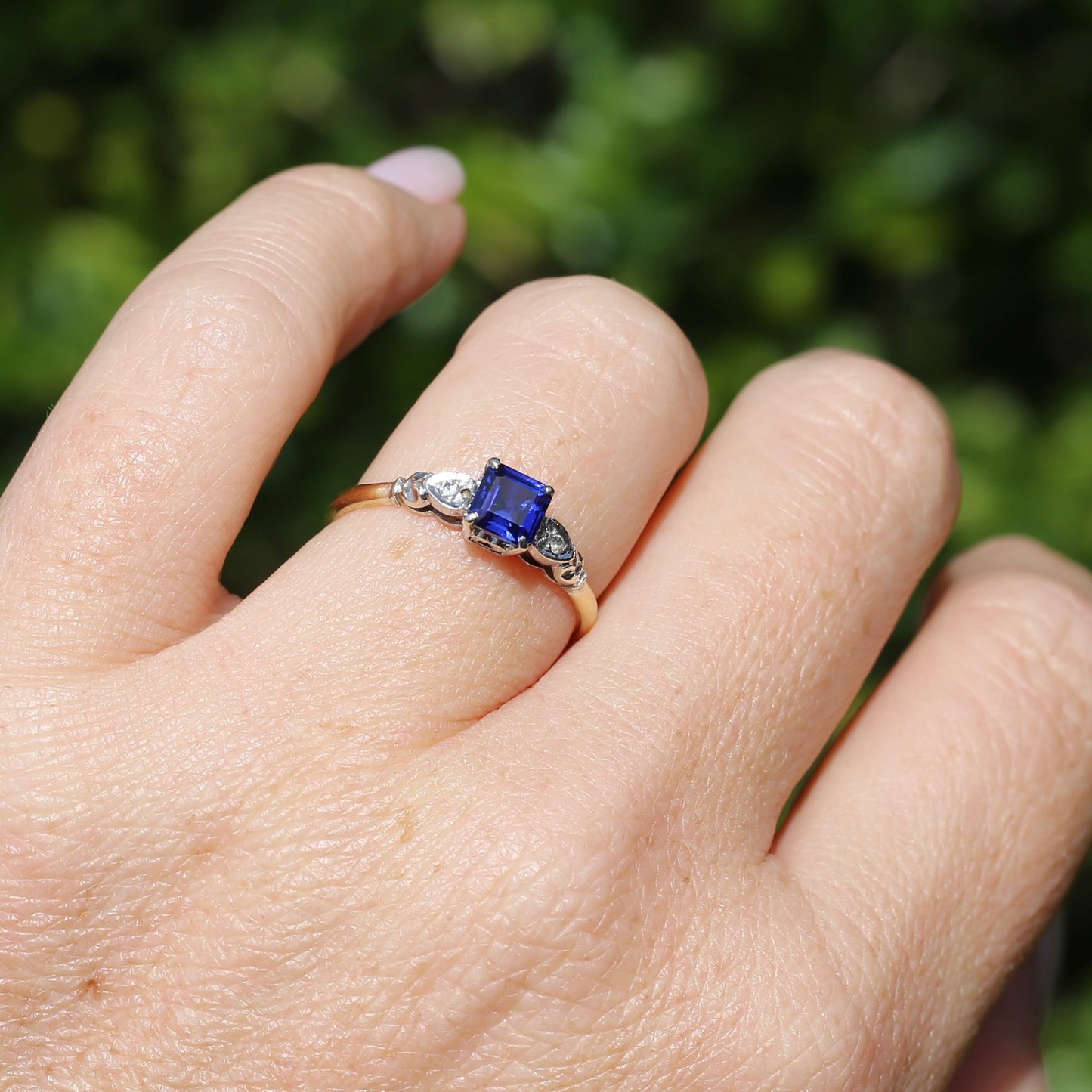 1930s Square Emerald Cut Blue Sapphire, 18ct Yellow and White Gold, size Q1/2 or just over 8.25