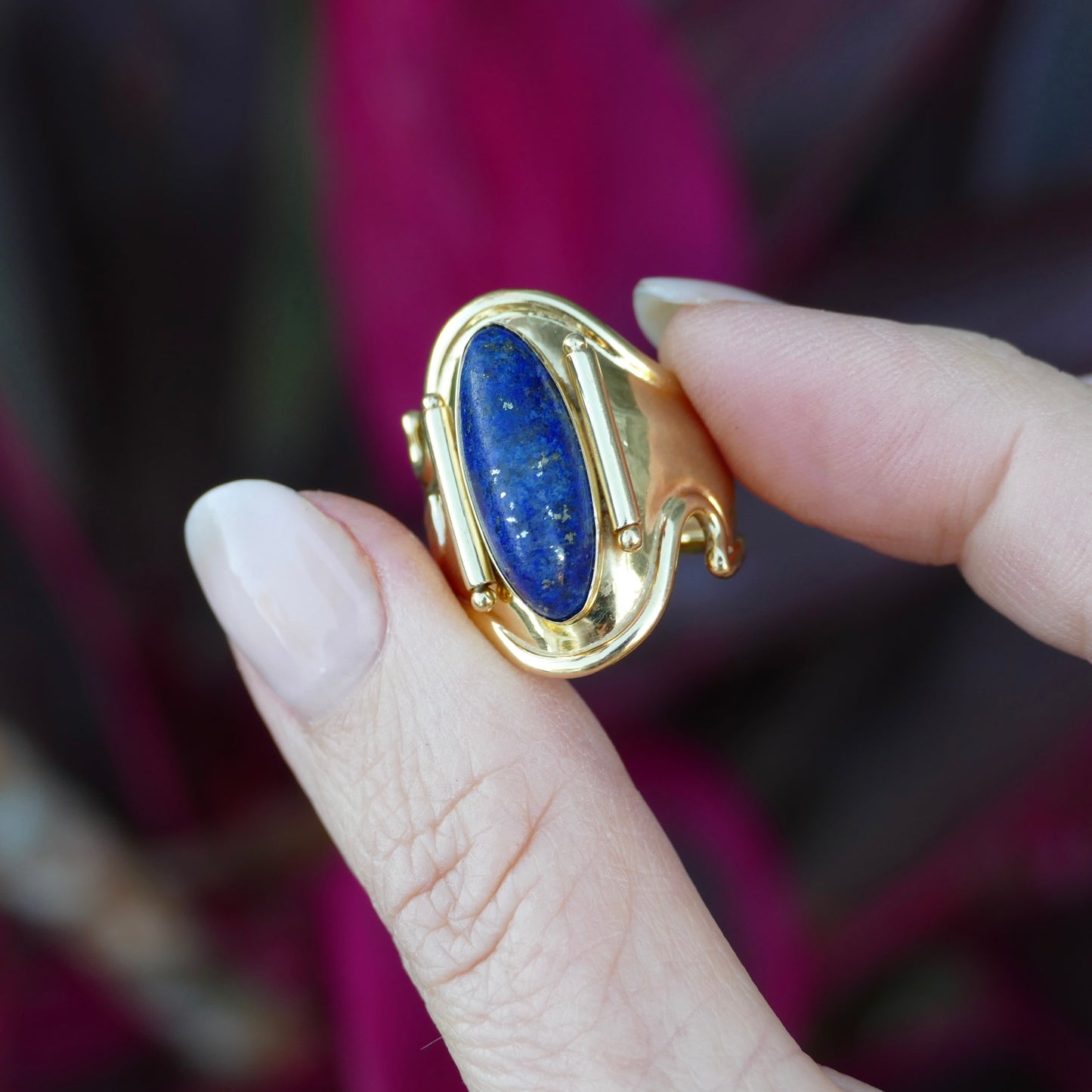 18ct Gold and Lapis Lazuli Cabochon Cuff Ring, size O but sizeable