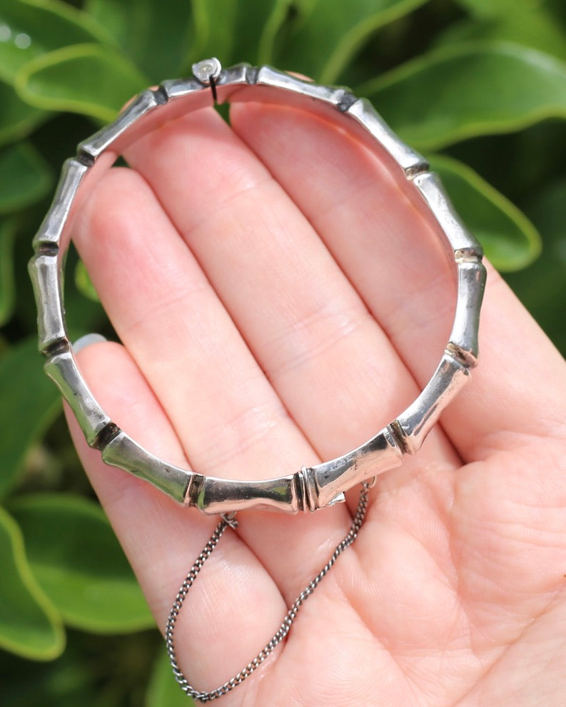 1962-1963 Birmingham Made Silver Bamboo Hinged Bangle with Safety Chain, Sterling Silver, 17.96g