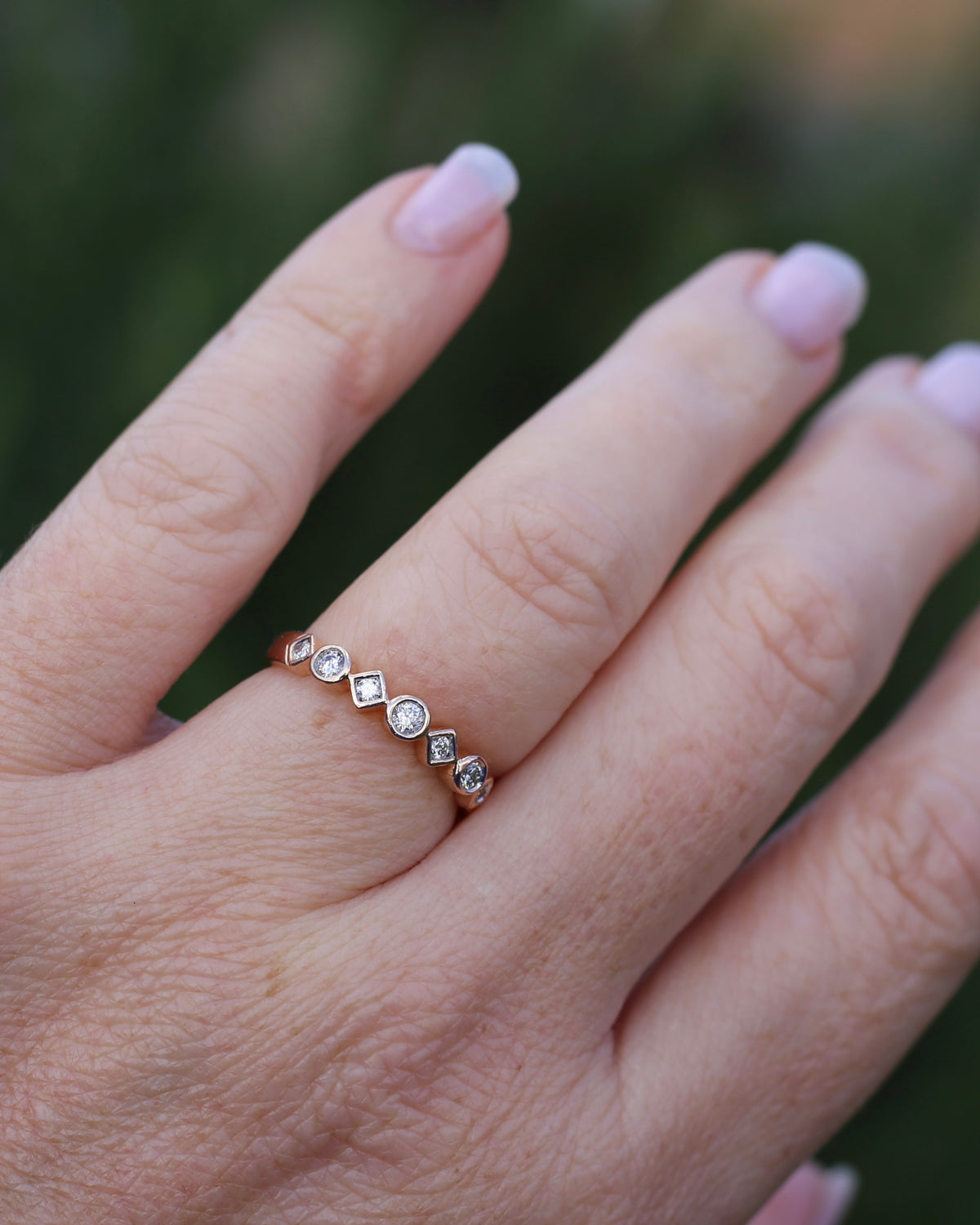 0.25ct 7 Stone Natural Diamond Bezel Set Round and Geometric Rose Gold Stacker, 10ct Rose Gold, size O or 7.25