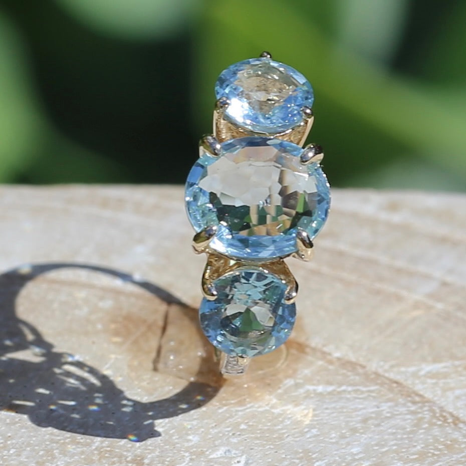 Natural Aquamarine Trilogy with Grain Set Diamond Shoulders, 9ct Yellow Gold, size 6.5 or M1/2