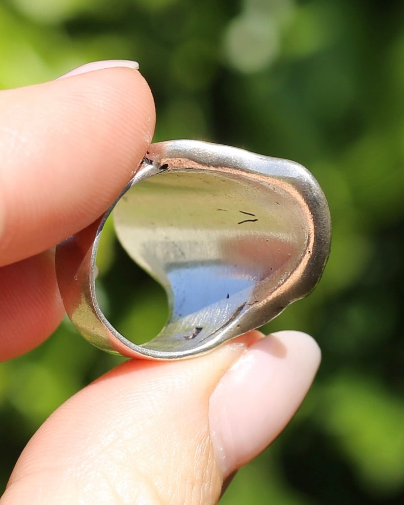 Large Petal Leaf Rustic With Dark Engraved Ridges, Sterling Silver, 8.5g, size M1/2 or 6.5 (fits smaller)