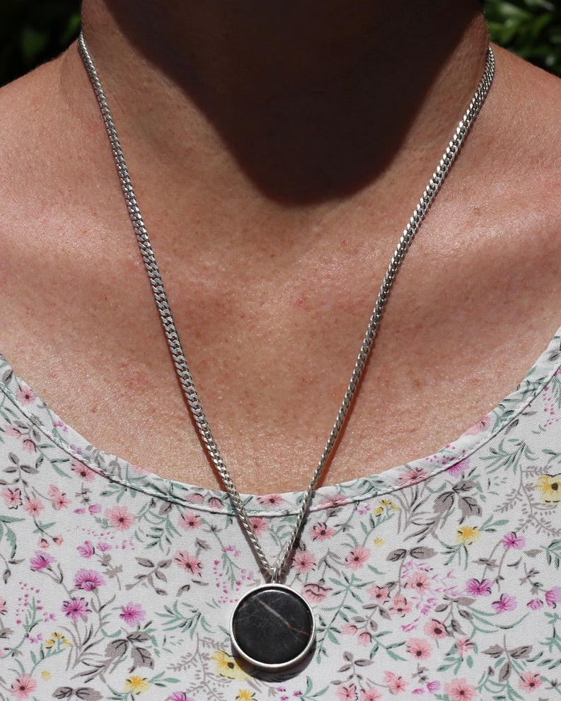 Vintage Chunky Black Agate and Silver Pendant, 13.2g