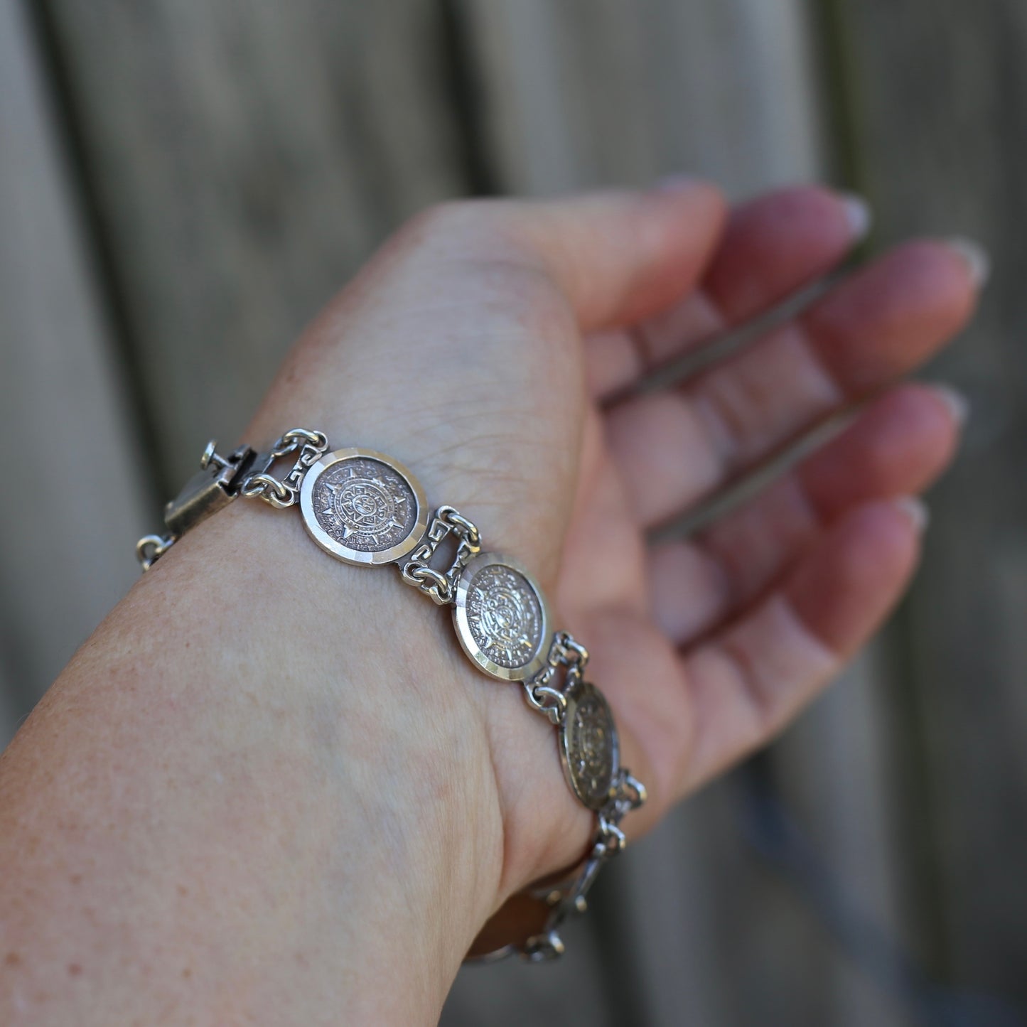 Vintage 1980s Maya Calendar Coin Bracelet, made in Mexico 950 Silver, 20cm or just under 8 inches