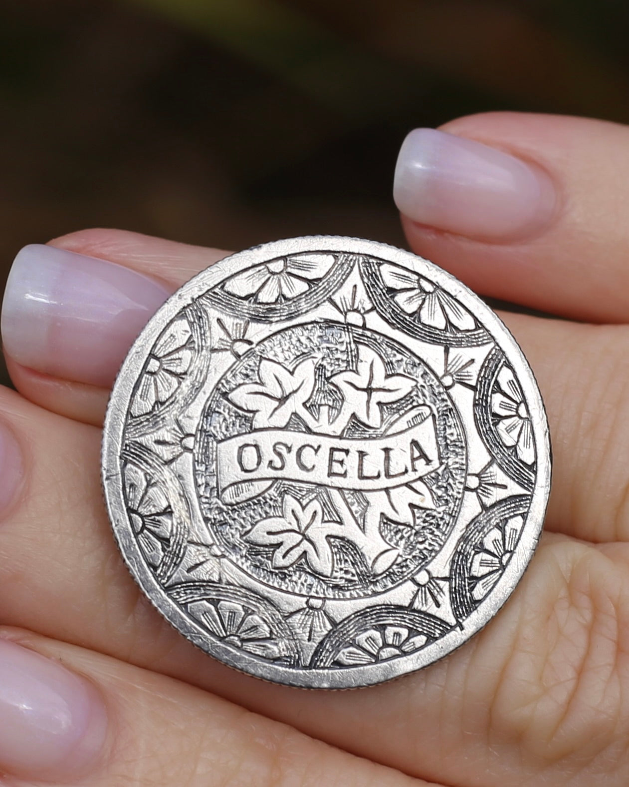Antique Love Token Oscella Brooch 1900 British India One Rupee, 10.9g