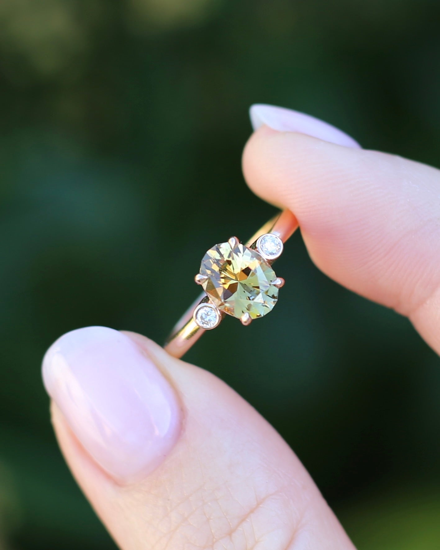 1.57ct Natural Golden Tanzanite Zoisite and Diamond Trilogy Ring, 14ct Rose Gold, size 8.75 or just over R, 3.3g, with valuation