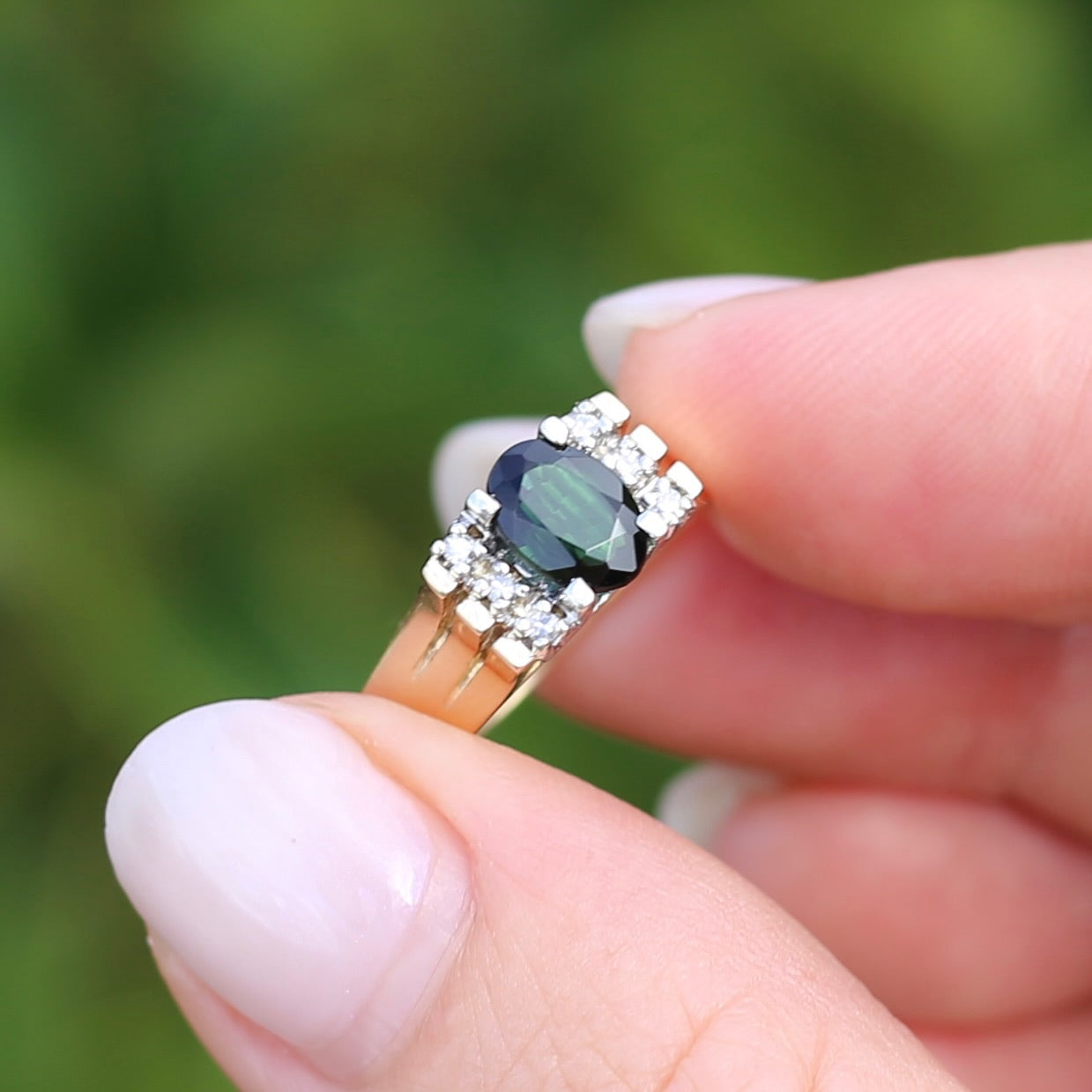 0.95ct Green Tourmaline and Diamond High Set Ring, 9ct White and Yellow Gold, size O or just over 7