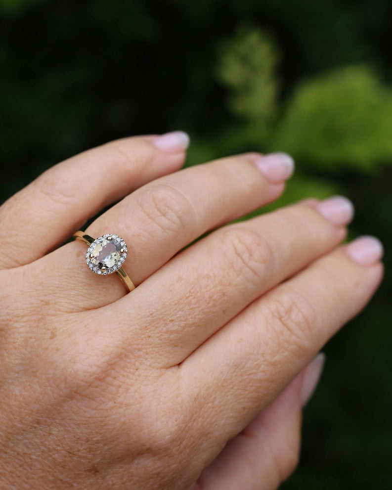 1.2ct Unheated Natural Golden Tanzanite in Diamond Halo, 10ct Yellow Gold, size O1/2 or just over 7.25, 3.0g