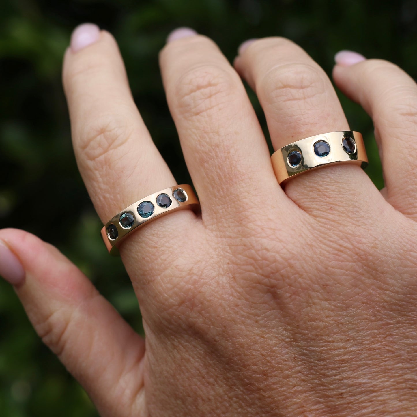 Custom Reclaimed Gold Chunky 9ct Rings with 4mm Parti Sapphires