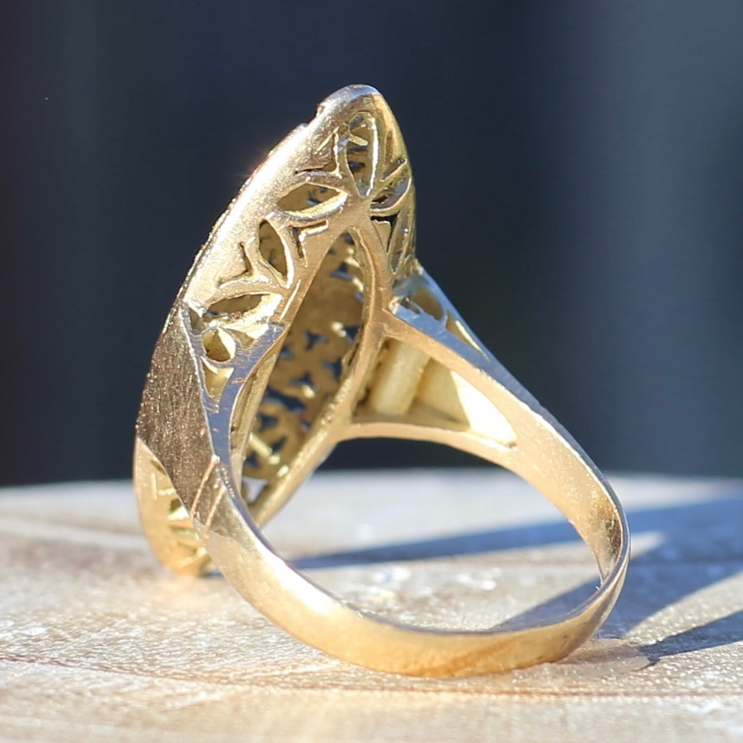 Hand Carved Navette Ring, 14ct Yellow Gold, size Q or 8.25g