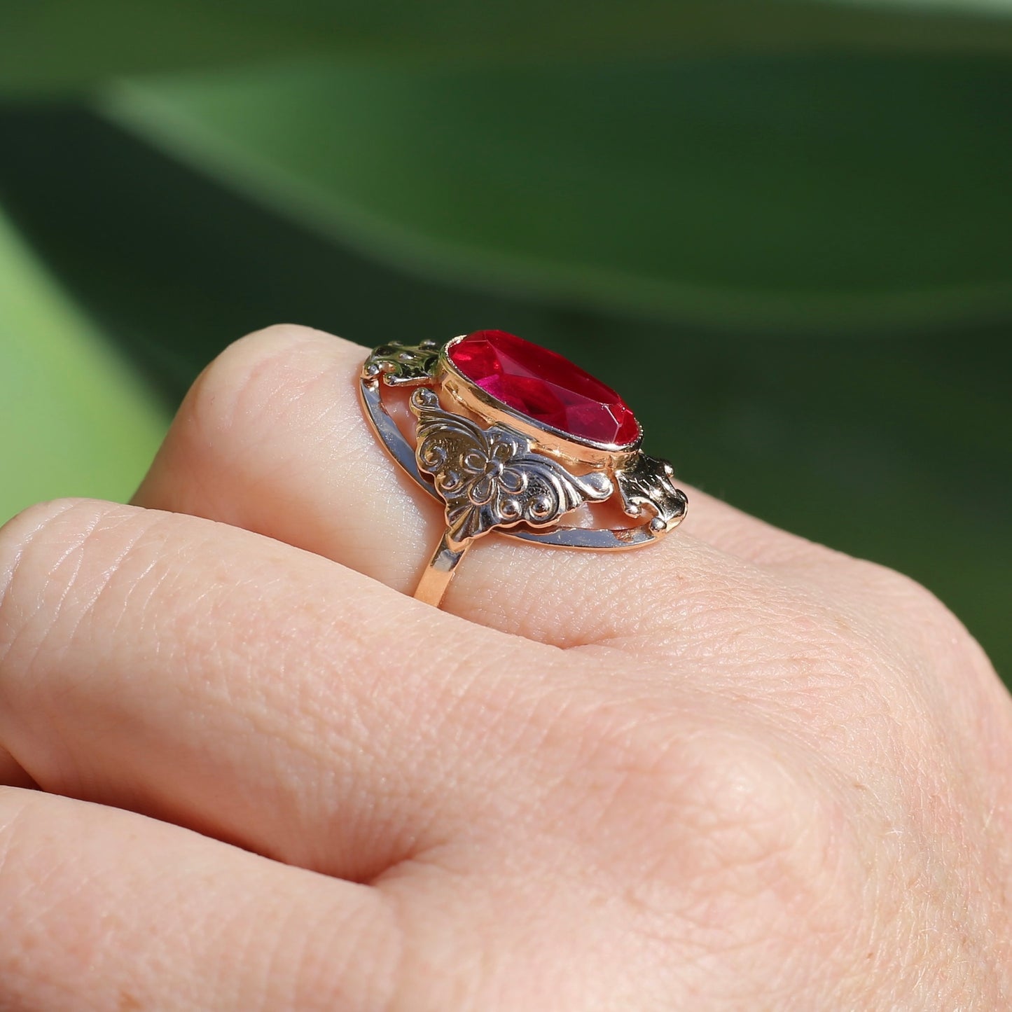 Mid Century Russian Oval Synthetic Ruby in Rosey Gold Floral Setting, 14ct Old Rosey Gold, size N1/2 or 7