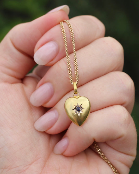 Antique 1903 Made 15ct Puffy Heart With Old Cut Sapphire and Rose Cut Diamonds, 15ct Yellow Gold, 1.59g