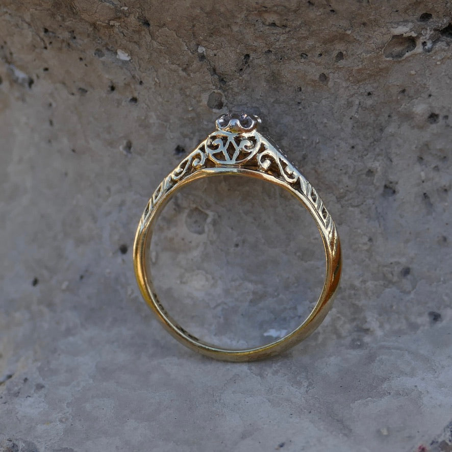 Hand Carved 1930s Filigree Mixed Metal Diamond Solitaire, 9ct White and Yellow Gold, size M1/2 or just under 6.5