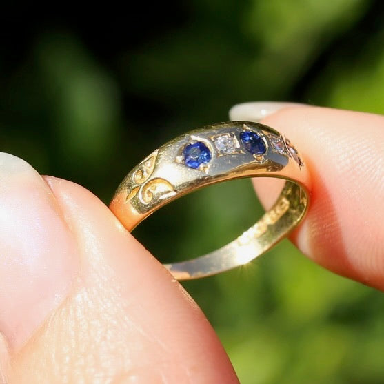 1897 Old Cut Sapphire and Diamond Five Stone Ring, 18ct Yellow Gold, size O or 7.25