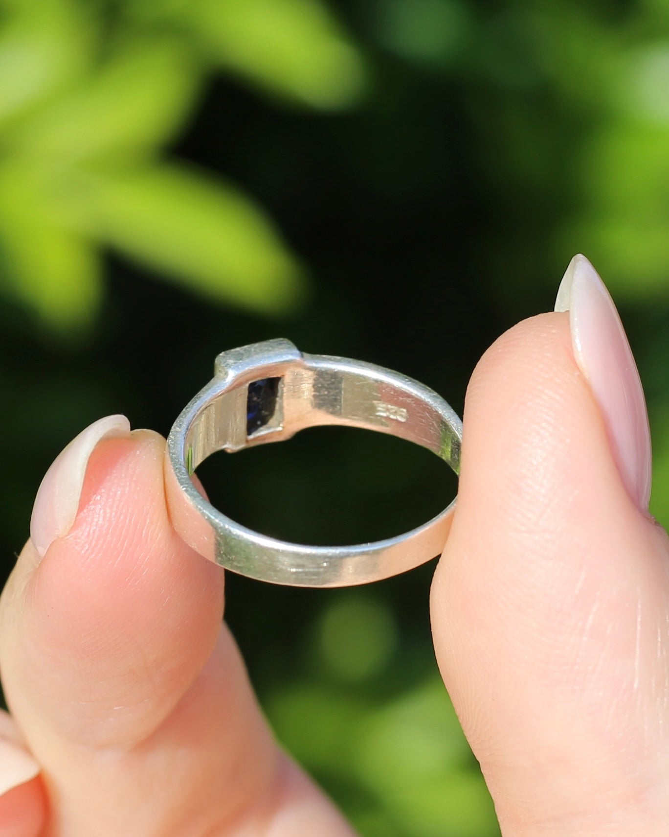 Blue Sapphire (Synthetic) Baguette in Bezel Set Silver Ring, size Q1/2 or 8.25 (fits more like a P1/2), 3.5g