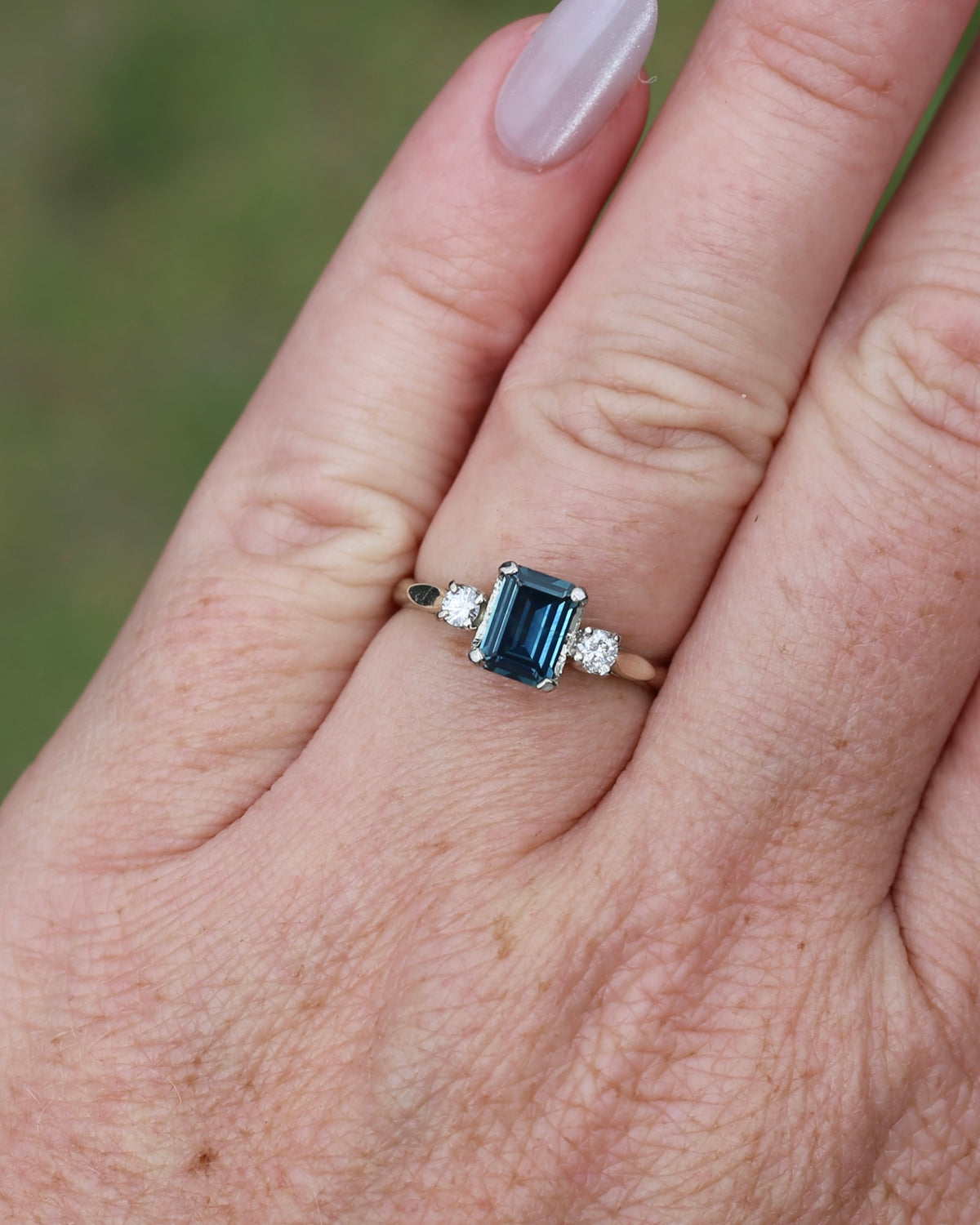 1.1ct Emerald Cut Natural Blue Teal Sapphire and Diamond Trilogy, 18ct White Gold and Platinum, size O or just over 7, 2.27g